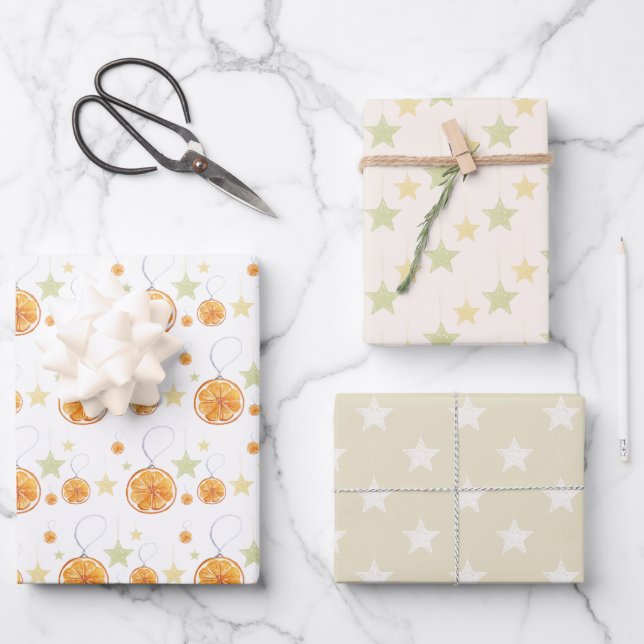Cute Orange and Stars On Winter White Wrapping Paper Sheet (Front)