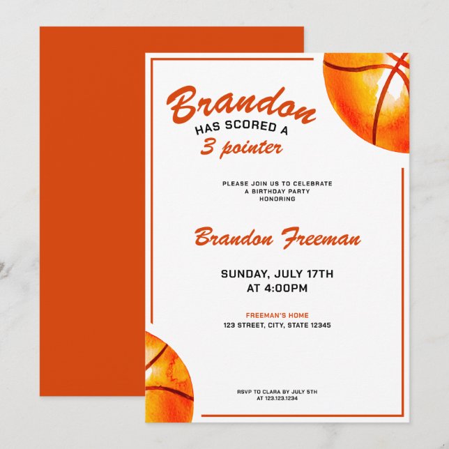 Cute Orange and White Basketball 3rd Birthday Invitation (Front/Back)