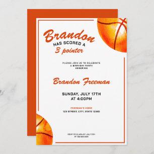 Cute Orange and White Basketball 3rd Birthday Invitation