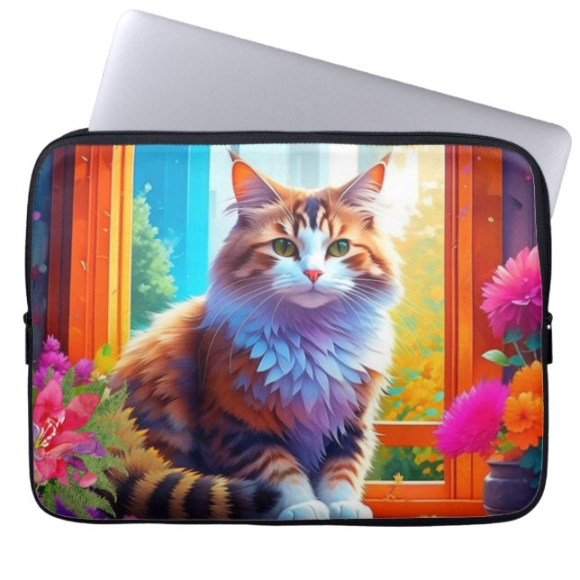 Cute Orange and White Cat Sitting in City Window Laptop Sleeve (Front)