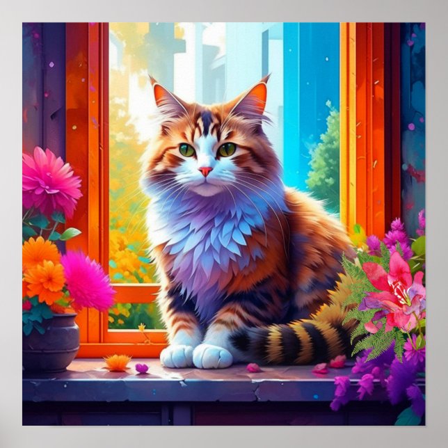 Cute Orange and White Cat Sitting in City Window Poster (Front)