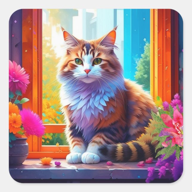 Cute Orange and White Cat Sitting in City Window Square Sticker (Front)