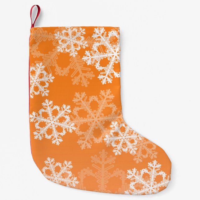 Cute orange and white Christmas snowflakes Small Christmas Stocking (Front)