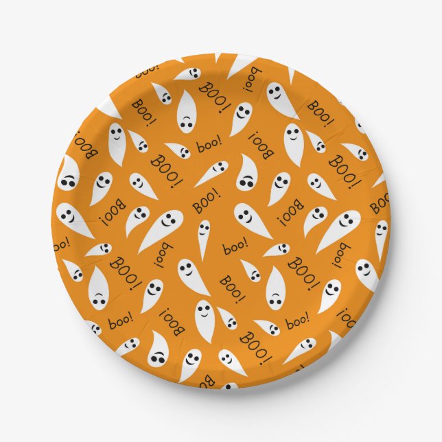 Cute Orange and White Halloween Ghosts Boo pattern Paper Plate (Front)