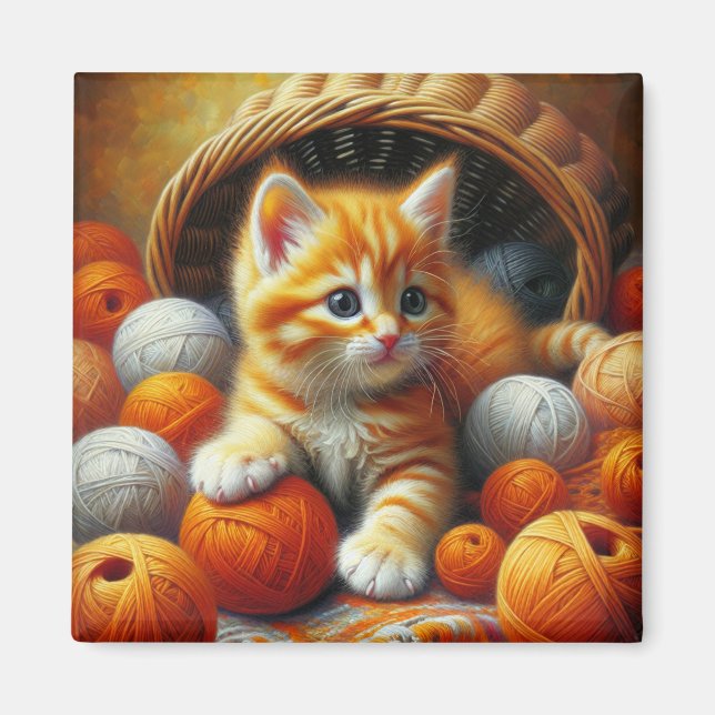 Cute Orange and White Kitten  Playing in Yarn Magnet (Front)