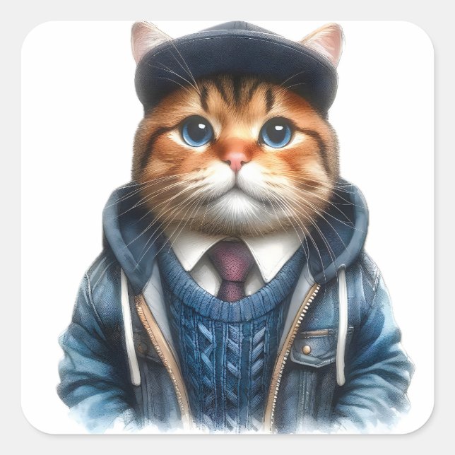Cute Orange and White Tabby Cat Wearing a Hoodie Square Sticker (Front)
