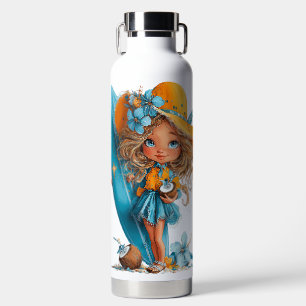 CUTE ORANGE & AQUA SUMMER SURFER GIRL WATER BOTTLE