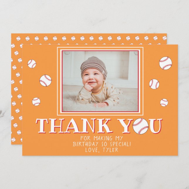 Cute Orange Baseball Balls Birthday Photo Thank You Card (Front/Back)