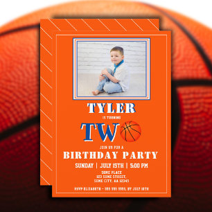 Cute Orange Basketball Photo 2nd Birthday Invitation