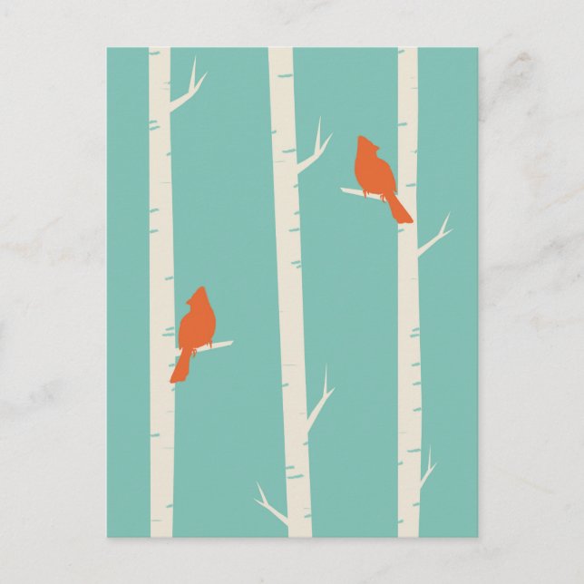 Cute Orange Birds Perched on Birch Trees Postcard (Front)