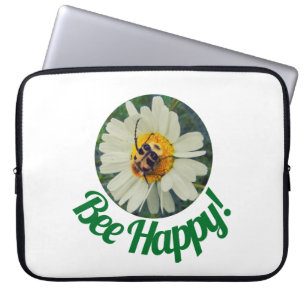 Cute Orange & Black Bee on Daisy Circle Design Laptop Sleeve