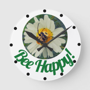 Cute Orange & Black Bee on Daisy Circle Design Round Clock