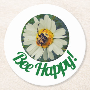 Cute Orange & Black Bee on Daisy Circle Design Round Paper Coaster