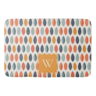 Cute Orange Blue Leafy Botanical Monogram Pattern Bath Mat