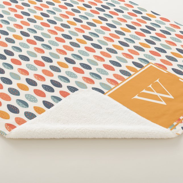 Cute Orange Blue Leafy Botanical Monogram Pattern Sherpa Blanket (3/4)