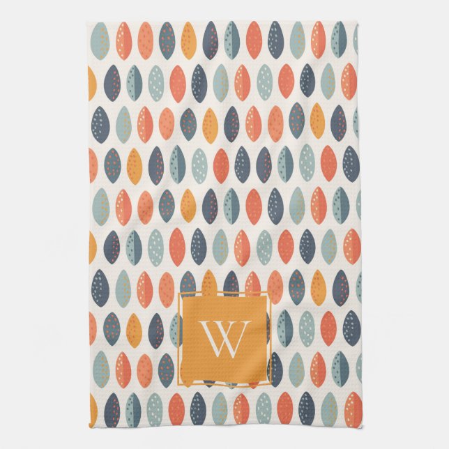 Cute Orange Blue Leafy Botanical Monogram Pattern Tea Towel (Vertical)