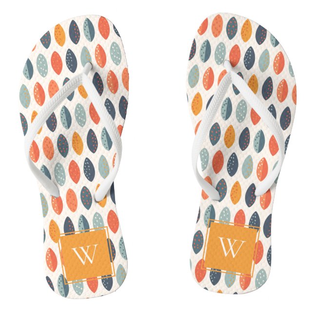 Cute Orange Blue Leafy Botanical Monogram Pattern Thongs (Footbed)
