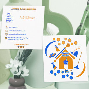 Cute Orange & Blue Professional Cleaning Services Square Business Card