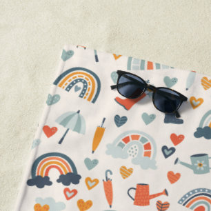 Cute Orange Blue Spring Rainbow Clouds Pattern Beach Towel