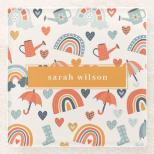 Cute Orange Blue Spring Rainbow Clouds Pattern Glass Coaster