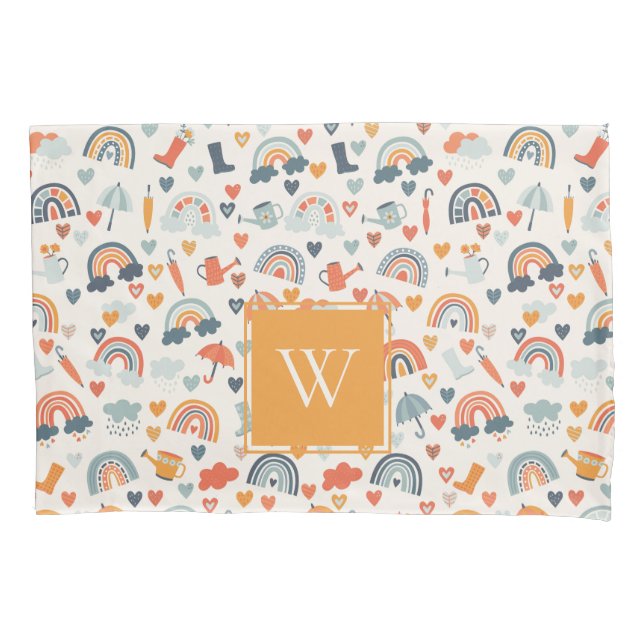 Cute Orange Blue Spring Rainbow Clouds Pattern Pillowcase (Front)