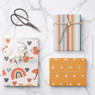 Cute Orange Blue Spring Rainbow Clouds Pattern Wrapping Paper Sheet