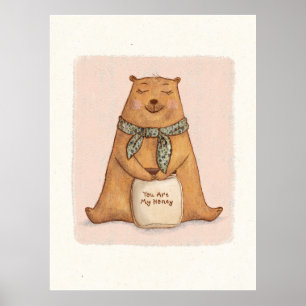 Cute Orange Brown Bear Drawing Poster