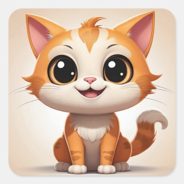 Cute Orange Cat Cartoon Style Character-89738 Square Sticker (Front)