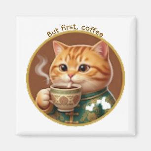 Cute Orange Cat Drinking Tea Coffee Magnet