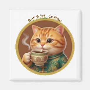 Cute Orange Cat Drinking Tea Coffee Magnet