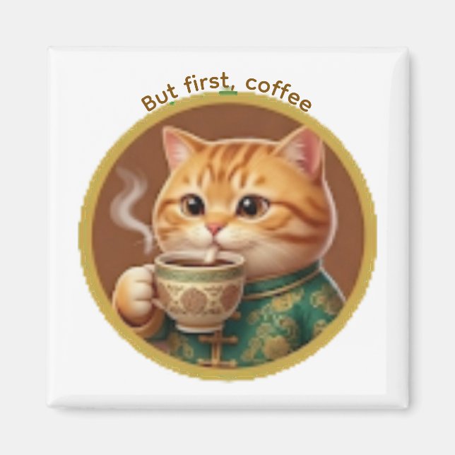 Cute Orange Cat Drinking Tea Coffee Magnet (Front)