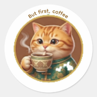Cute Orange Cat Drinking Tea Coffee Sticker