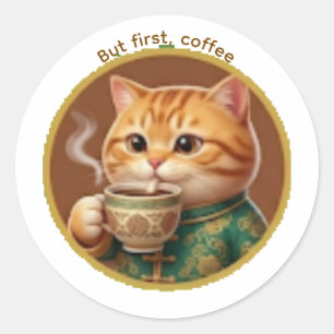 Cute Orange Cat Drinking Tea Coffee Sticker