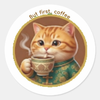 Cute Orange Cat Drinking Tea Coffee Sticker
