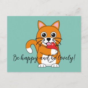 Cute Orange Cat Eating Apple Cartoon   Add Text Holiday Postcard