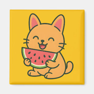 Cute Orange Cat Eating Watermelon Magnet   Funny F
