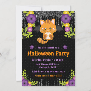 Cute Orange Cat Floral Halloween Party Invitation