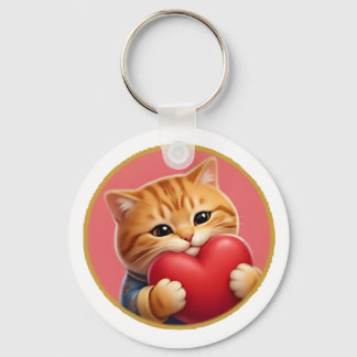 Cute Orange Cat Hugging a Red Heart- Adorable Stic Key Ring