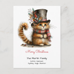 Cute Orange Cat in a Top Hat Merry Christmas Red Postcard