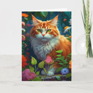 Cute Orange Cat in Colourful Flowers Birthday Card