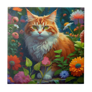 Cute Orange Cat in Flowers Ceramic Tile