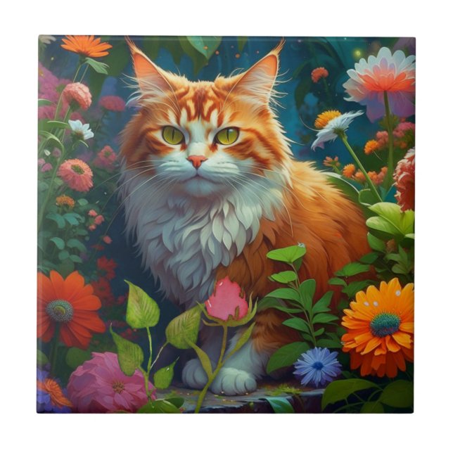 Cute Orange Cat in Flowers  Ceramic Tile (Front)