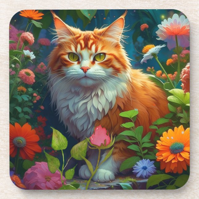 Cute Orange Cat in Flowers  Coaster (Front)