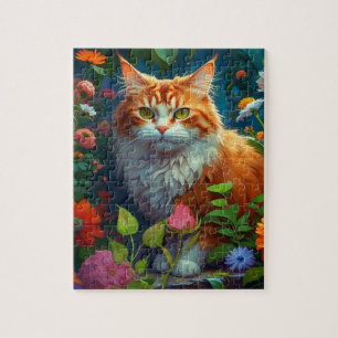 Cute Orange Cat in Flowers Jigsaw Puzzle