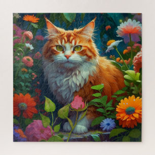 Cute Orange Cat in Flowers Jigsaw Puzzle