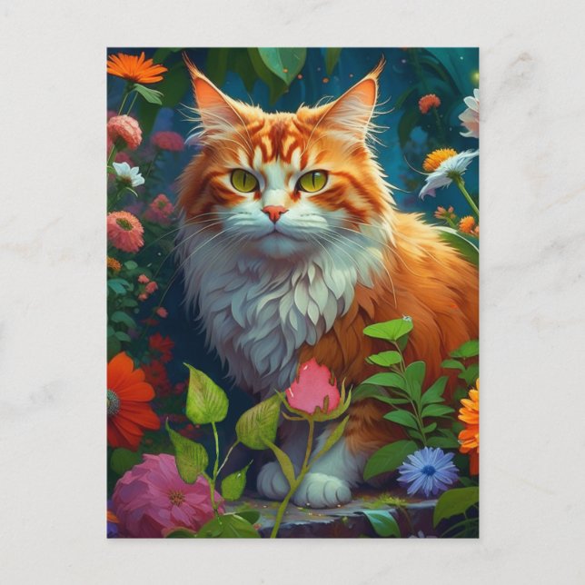 Cute Orange Cat in Flowers Keeping in Touch Postcard (Front)