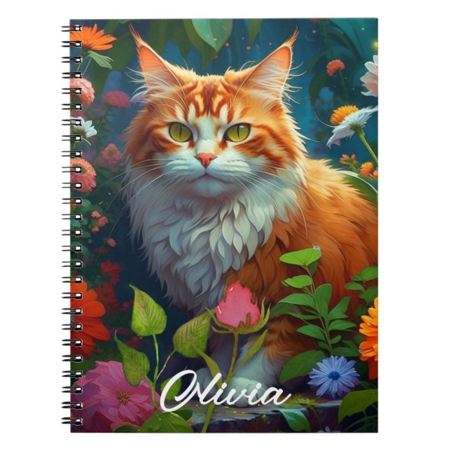 Cute Orange Cat in Flowers Personalised Notebook (Front)