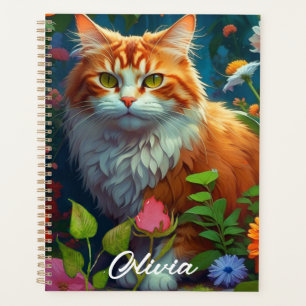 Cute Orange Cat in Flowers Personalised Planner