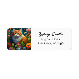 Cute Orange Cat in Flowers  Return Address Label