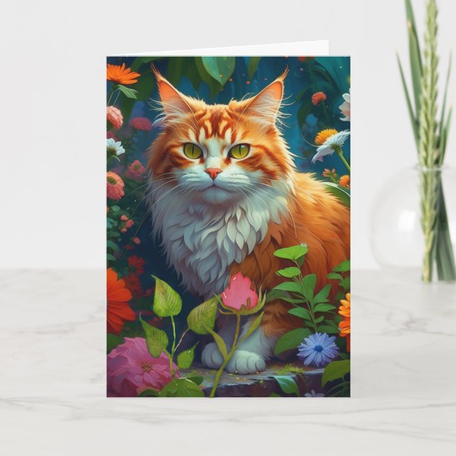 Cute Orange Cat in Flowers Thinking About You Card (Front)